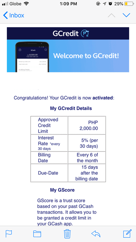 GCredit activation notice on email