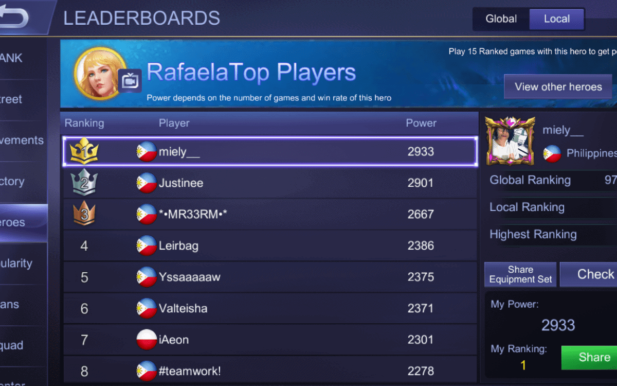 Top 1 Local Rafaela user on Mobile Legends @miely__