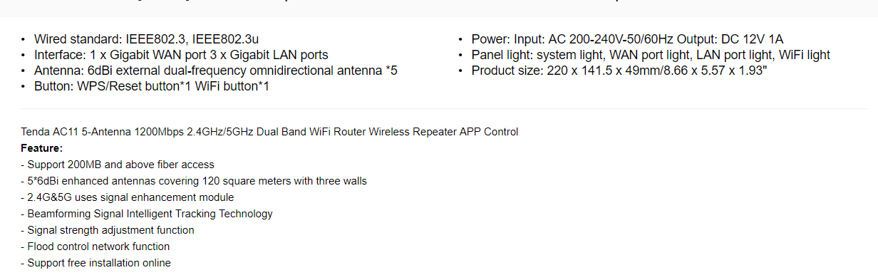 Tenda AC11 Specifications