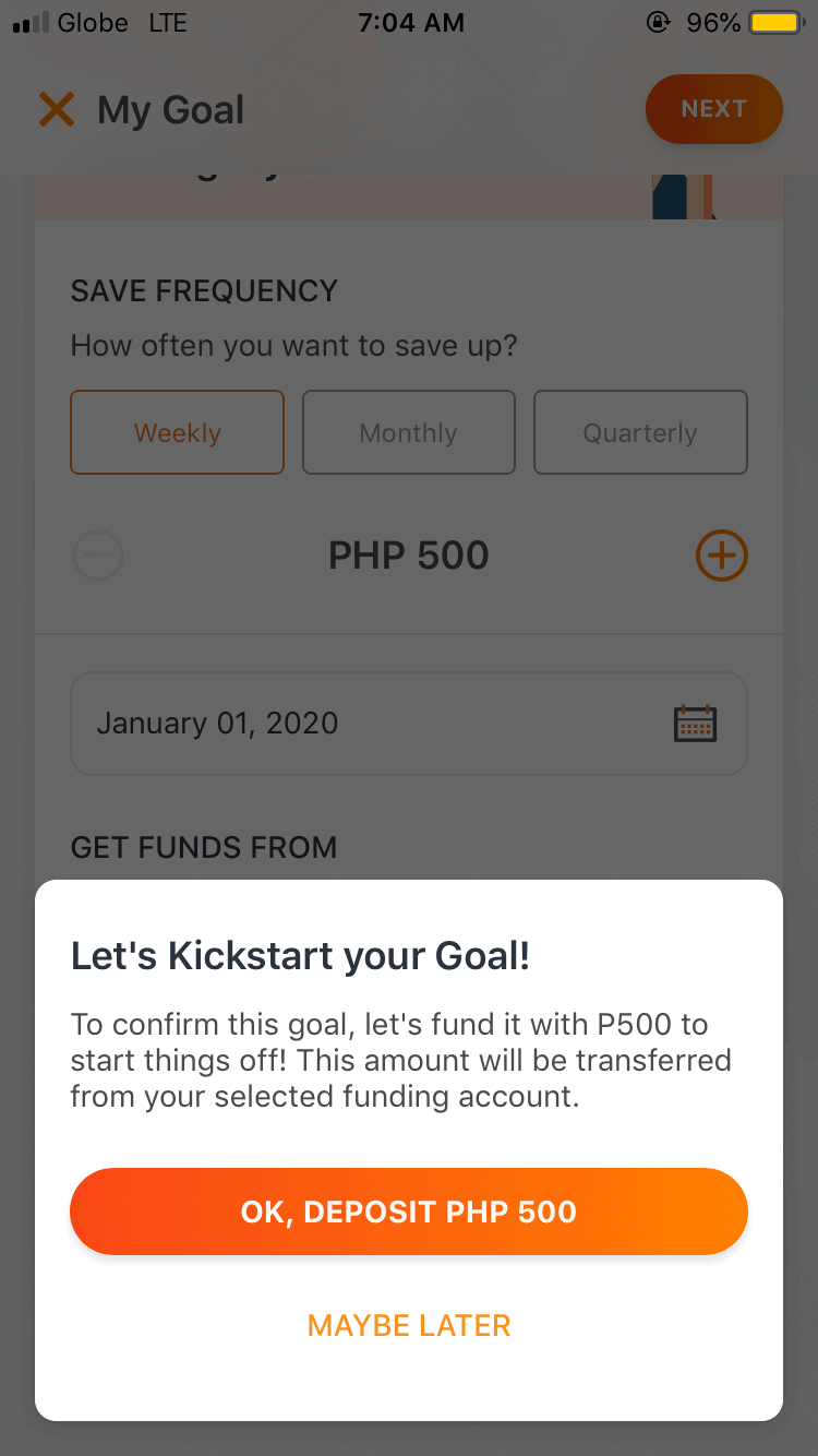 Make your first 500 PHP deposit on your goals account