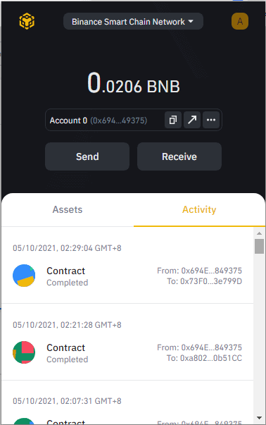 Transaction and activity view with Binance Chain Wallet