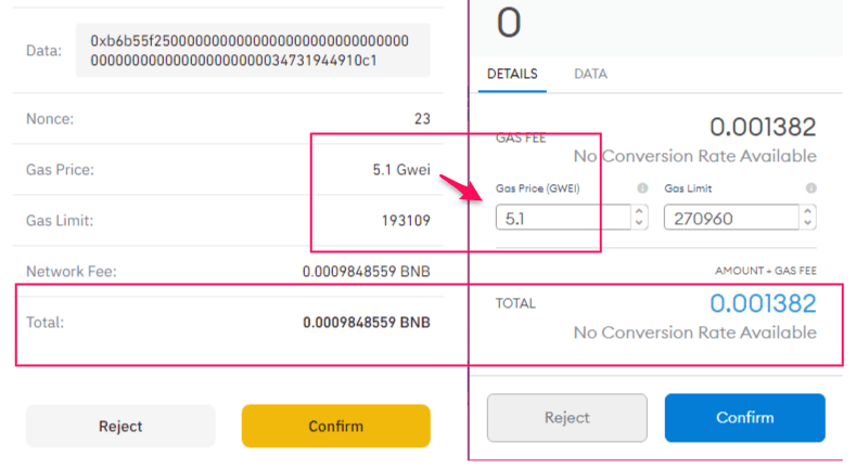 gas fee settings comparison with Binance Chain Wallet and MetaMask