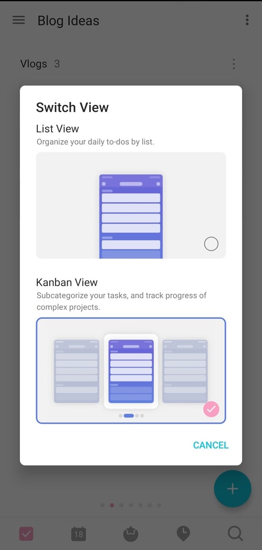 TickTick app powerful custom view: List and Kanban for tracking progress