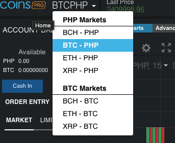 Coins Pro available cryptocurrency pairs and markets