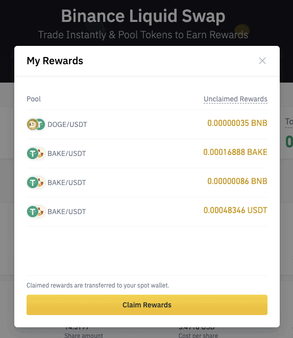 Binance Liquid Swap - Here's an example of the rewards they send. BAKE and USDT would be the swap fees earned. While BNB would be the liquidity rewards.