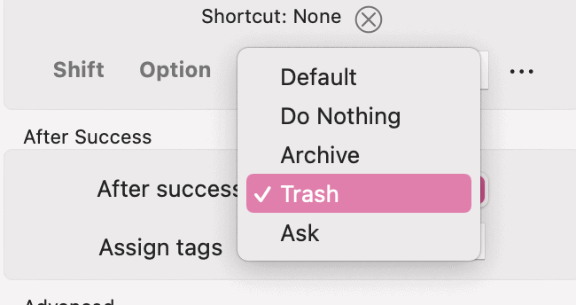 after success actions settings on drafts app